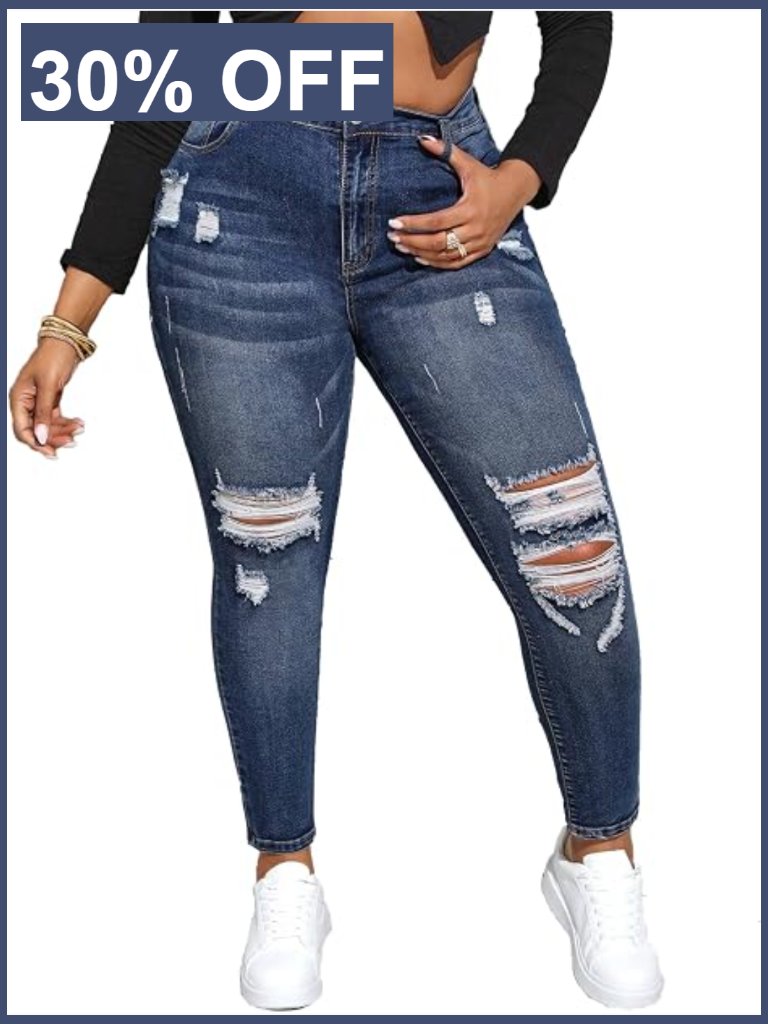 Plus Size High Waisted Skinny Ripped Distressed Ankle Jeans Stretchy Denim